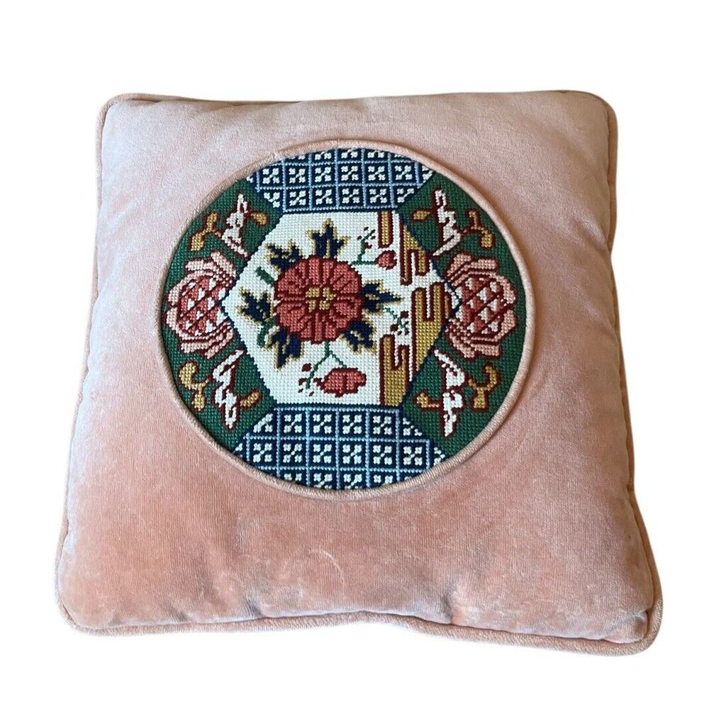 VTG Floral Petit Point Needlepoint Pillow Peach Velvet Cottage Core 13” Square